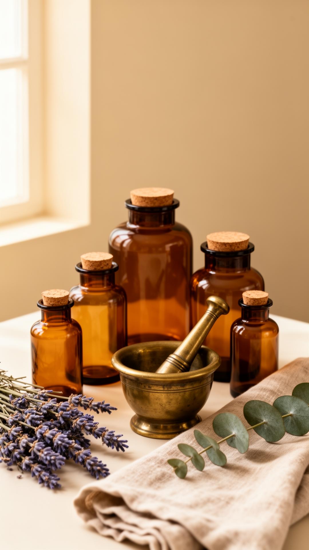 Apothecary still life: amber jars, brass mortar and pestle, and dried botanicals