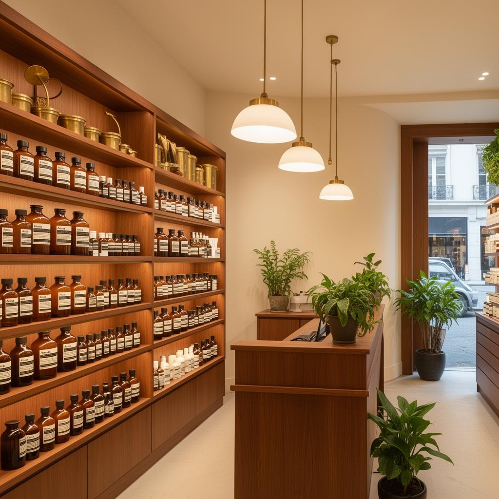 Inside Paramus Health Pharmacy: warm wood shelving and amber jars